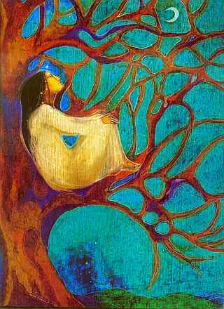 'Skywatcher': a robed woman sits in a tree watching a crescent moon. A pastel by Susan Seddon Boulet.