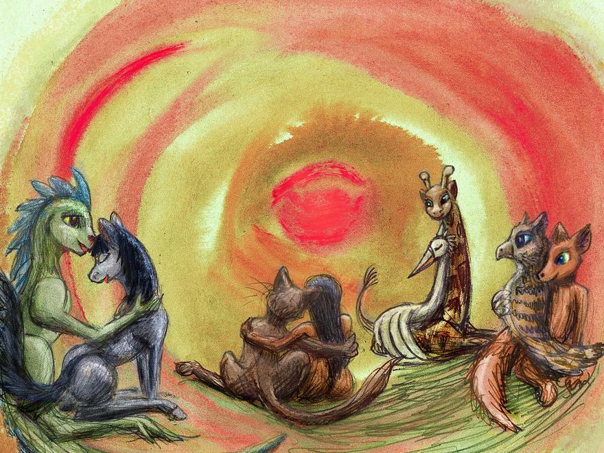 Mixed-species couples watch a sunset; watercolor/acrylic/pencil dream sketch by Wayan. Click to enlarge.