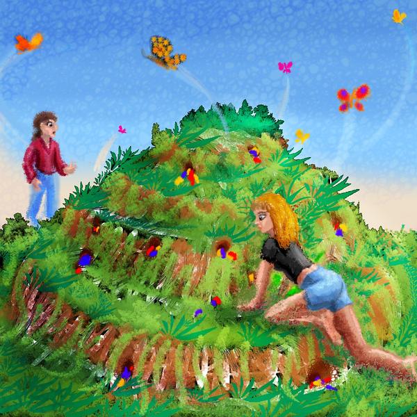 A hill that's my brain, with butterflies and litter; sketch of a dream by Wayan; click to enlarge