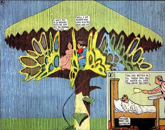 Little Nemo and the Dream Princess shelter from rain under a giant mushroom amid huge butterflies; 1906, Winsor McCay. Click to enlarge