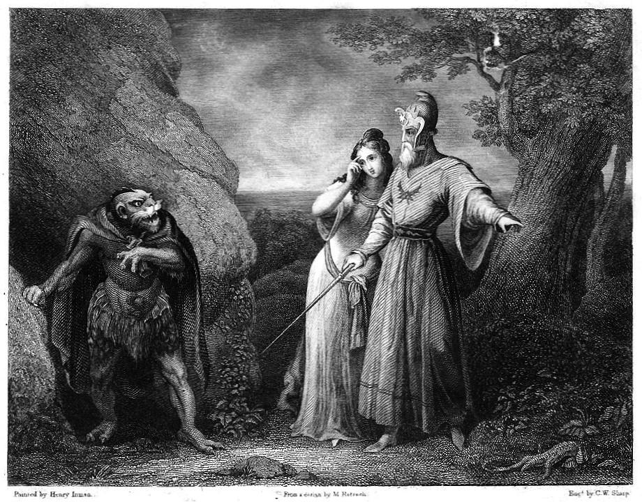 Caliban, Miranda, Prospero; engraving after painting by Henry Inman.