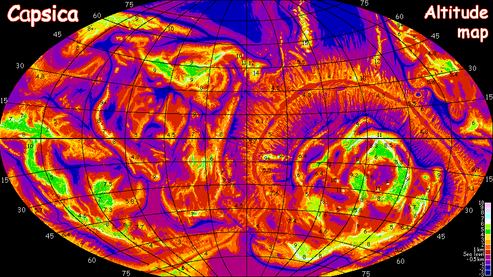 An altitude map of Capsica colorcoded to show the two main levels: warm uplands and hot lowlands. Capsica is a model biosphere like a hot tectonically active Mars.