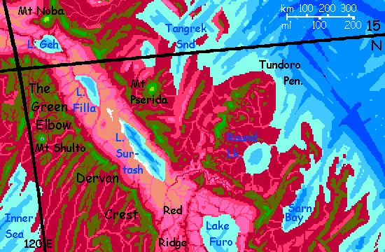 Map of the northeastern Arch, a corrugated spreading zone on Capsica, a small world hotter and drier than Earth.