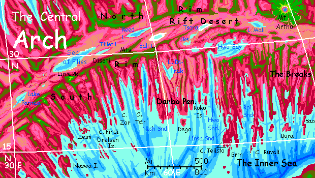 Map of the south shore of the central Arch, a spreading zone and riftvalley on Capsica, a small world hotter and drier than Earth.