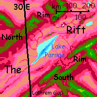 Map of Lake Parnaa, in the Rift, a spreading zone on Capsica, a small world hotter and drier than Earth.
