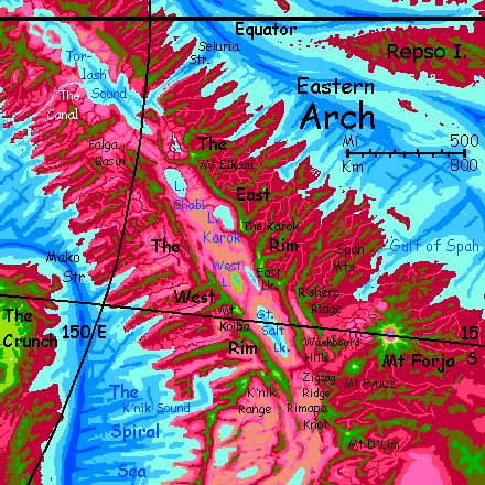 Map of the eastern Arch, a corrugated spreading zone on Capsica, a small world hotter and drier than Earth.