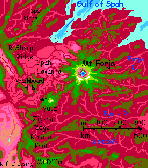 Map of the eastern Arch, a corrugated spreading zone on Capsica, a small world hotter and drier than Earth.