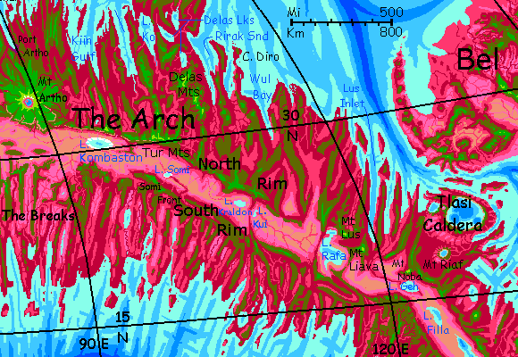 Map of the northeast Arch, a corrugated spreading zone on Capsica, a small world hotter and drier than Earth.