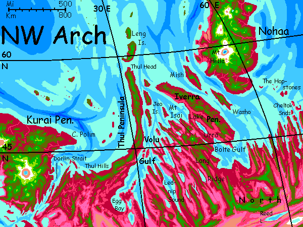 Map of the northwest coast of The Arch, a spreading zone and riftvalley on Capsica, a small world hotter and drier than Earth.