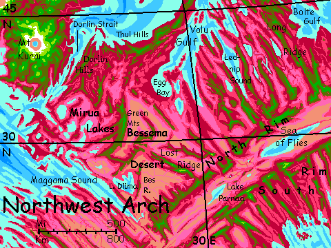 Map of the dry northwest coast of The Arch, a spreading zone and riftvalley on Capsica, a small world hotter and drier than Earth.