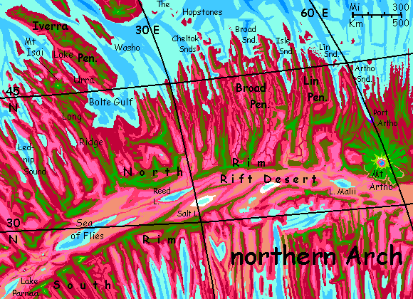 Map of the dry interior of the northern Arch, a spreading zone and riftvalley on Capsica, a small world hotter and drier than Earth.