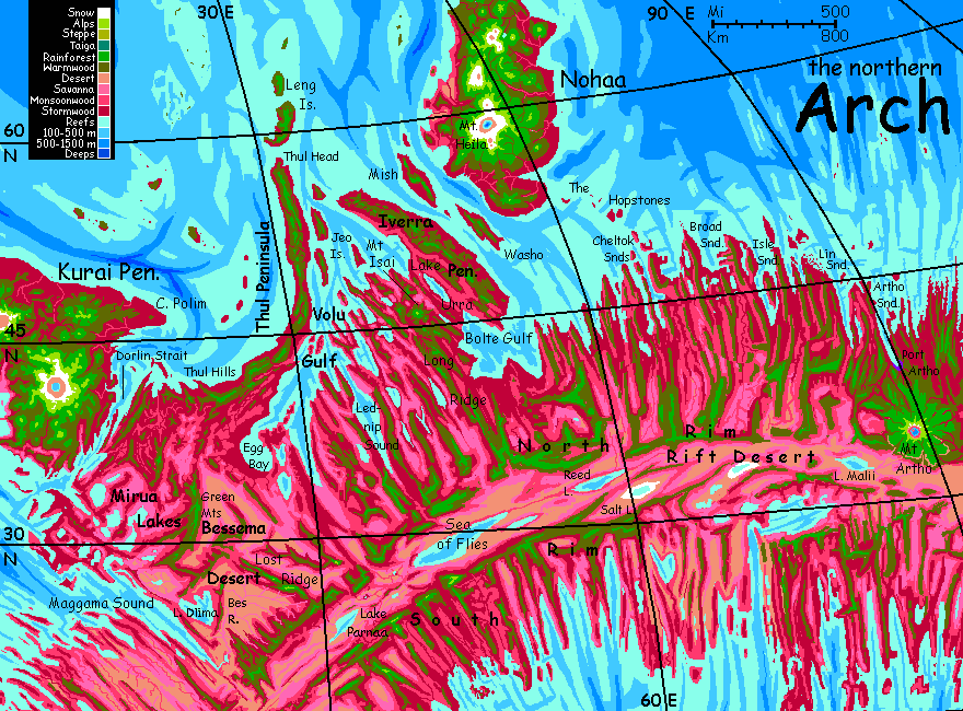 Map of the north coast of The Arch, a spreading zone and riftvalley on Capsica, a small world hotter and drier than Earth.