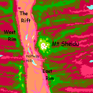 Map of Mt Sheidu, a shield volcano in the southeastern Arch on Capsica, a small world hotter and drier than Earth.