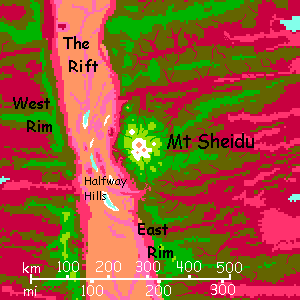 Map of Mt Sheidu, a shield volcano in the southeastern Arch on Capsica, a small world hotter and drier than Earth.