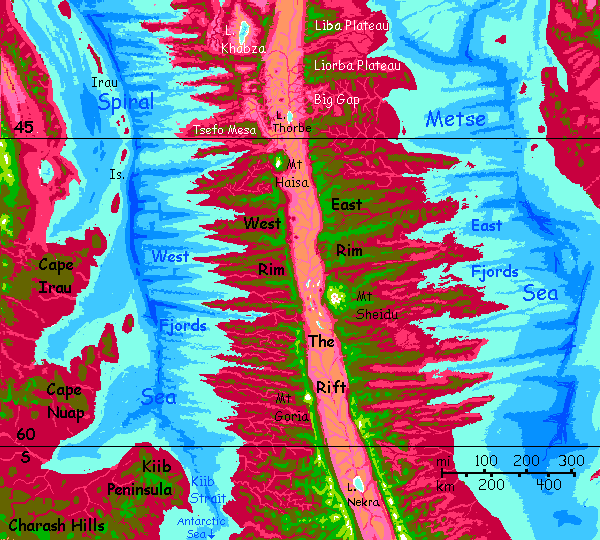 Map of the far southeastern Arch, a corrugated spreading zone on Capsica, a small world hotter and drier than Earth.