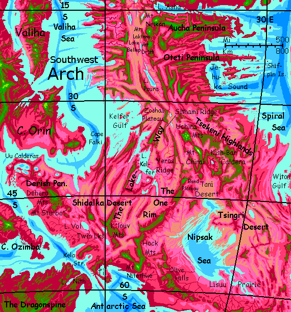 Map of the southwestern Arch, a spreading zone and riftvalley on Capsica, a small world hotter and drier than Earth.