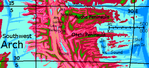 Map of the southwestern Arch (15-30 south), a spreading zone and riftvalley on Capsica, a small world hotter and drier than Earth.