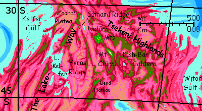 Map of the central knot of the southwestern Arch, a spreading zone and riftvalley on Capsica, a small world hotter and drier than Earth.