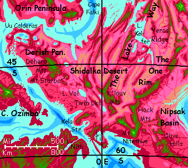 Map of the Derish Peninsula in the southwestern Arch, a spreading zone and riftvalley on Capsica, a small world hotter and drier than Earth.