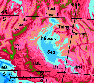 Map of the Nipsak Sea at root of the southwestern Arch, a spreading zone and riftvalley on Capsica, a small world hotter and drier than Earth.