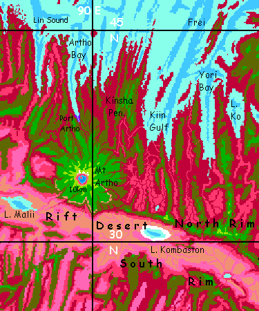 Map of Mt Artho and surrounding lowlands; the northeastern Arch, a spreading zone on Capsica, a small world hotter and drier than Earth.