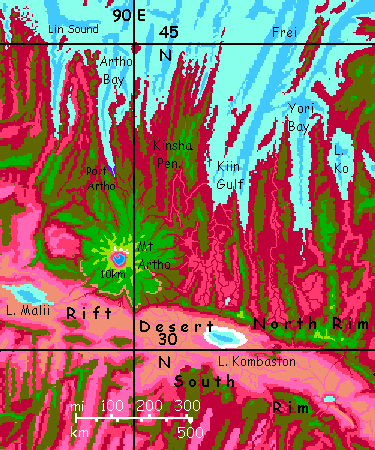 Map of Mount Artho, a huge shield volcano in the Northeast Arch, on Capsica, a small world hotter and drier than Earth.