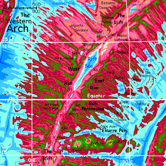 Map of the western Arch, a spreading zone and riftvalley on Capsica, a small world hotter and drier than Earth.