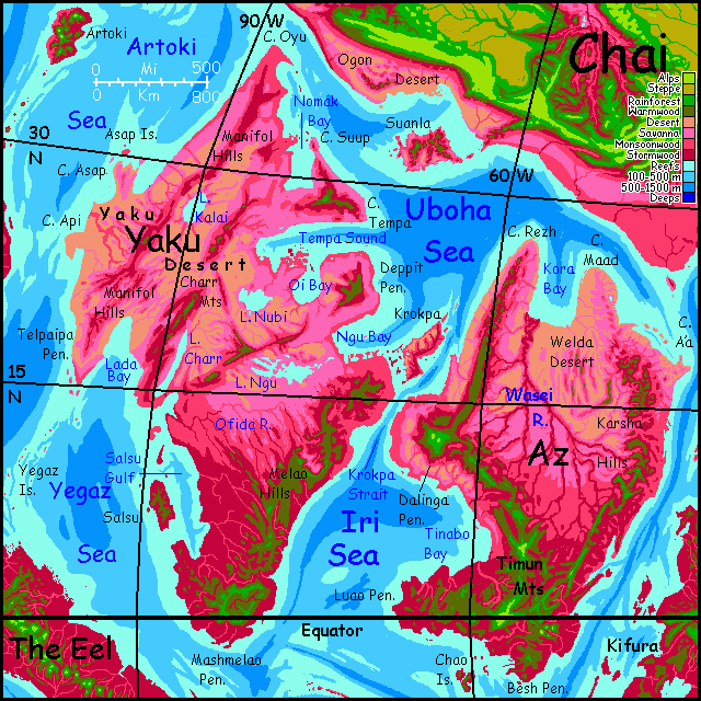 Map of the Australian Twins, two low desert continents on Capsica, a small world hotter and drier than Earth.