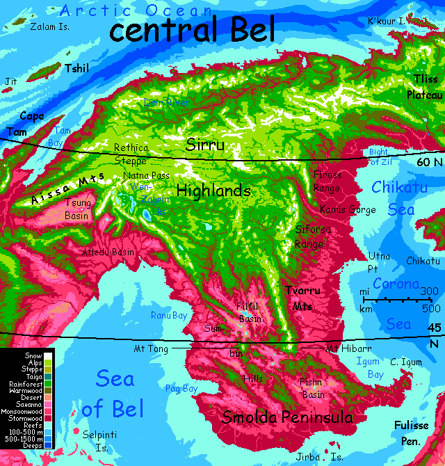 Map of central Bel, a sprawling subarctic continent on Capsica, a small world hotter & drier than Earth.