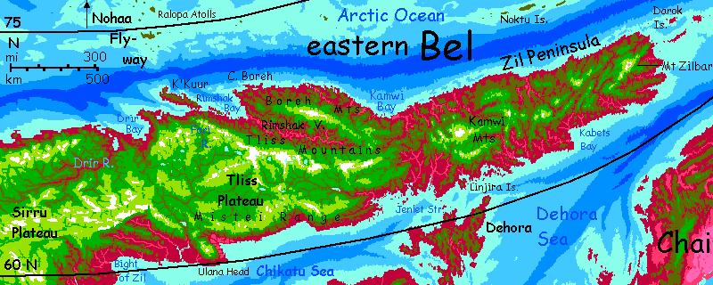 Map of eastern Bel, a sprawling subarctic continent on Capsica, a small world hotter & drier than Earth.