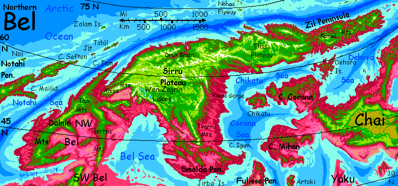 Map of northern Bel, a sprawling subarctic continent on Capsica, a small world hotter & drier than Earth.