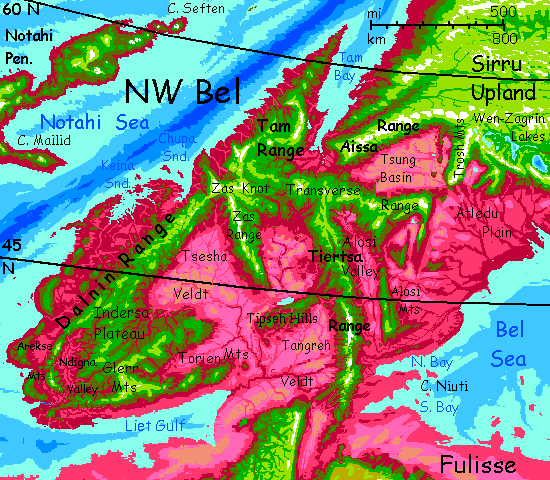 Map of Tiertsa Mts, central Bel, on Capsica, a hot planet.