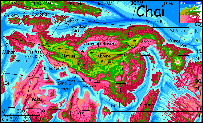 Map of Chai, a continent with an almost Tibetan central plateau, on Capsica, a small world hotter and drier than Earth.