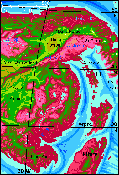 Map of eastern Chai, a continent on Capsica, a hot planet.