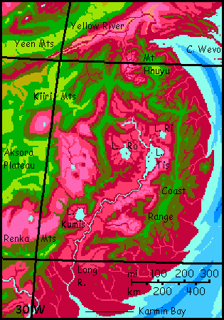 Close-up map of eastern Chai, a continent with an almost Tibetan central plateau, on Capsica, a small world hotter and drier than Earth.