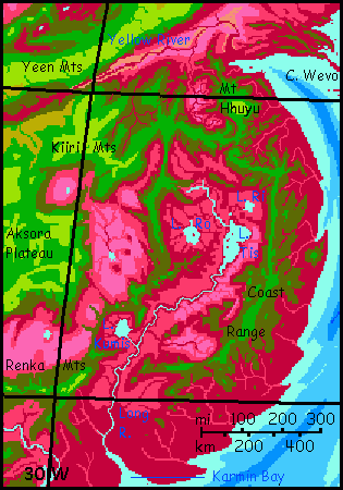 Close-up map of eastern Chai, a continent with an almost Tibetan central plateau, on Capsica, a small world hotter and drier than Earth.