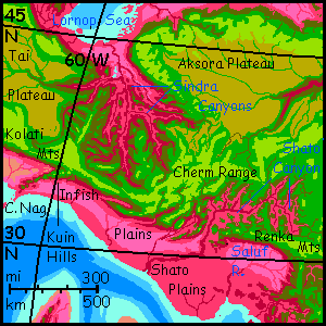 Map of Shato & Sindra Canyons, central Chai, on Capsica, a hot planet.