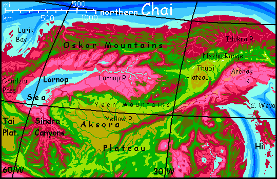 Map of northern Chai, a continent with an almost Tibetan central plateau, on Capsica, a small world hotter and drier than Earth.