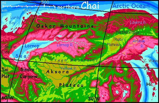 Map of northern Chai, a continent with an almost Tibetan central plateau, on Capsica, a small world hotter and drier than Earth.