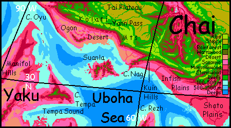 Map of southwest Chai, a continent on Capsica, a small world hotter and drier than Earth.