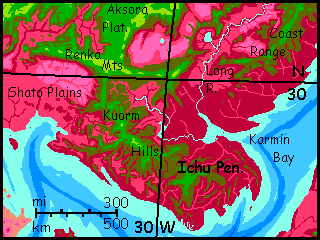 Map of the Ichu Peninsula of southeastern Chai, a continent on Capsica, a small world hotter and drier than Earth.