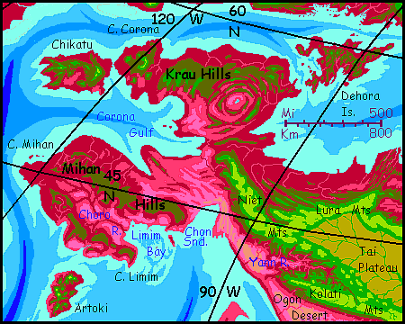 Map of Cape Corona, the western tip of Chai, a continent with an almost Tibetan central plateau, on Capsica, a small world hotter and drier than Earth.