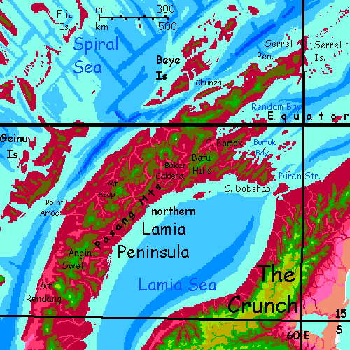 Map of the northern Lamia Peninsula, an equatorial volcanic arc off the NW Crunch, on Capsica, a small world hotter and drier than Earth.