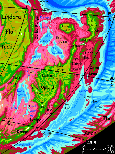 Map of southeast Crunch region on Capsica, a model of a hot world: average temperature 50 C or 122 F.