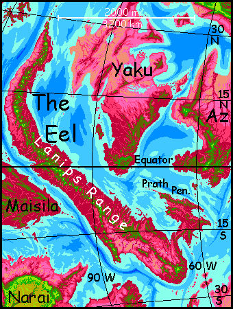 Map of The Eel, a small wriggly continent on Capsica, a hot planet.