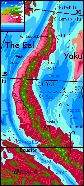 Map of the northern Eel, a long wriggling minicontinent on Capsica, a small world hotter and drier than Earth.