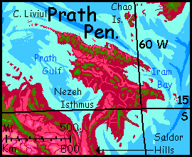 Map of the Prath Peninsula, a tortured wedge east of the Eel, on Capsica, a small world hotter and drier than Earth.