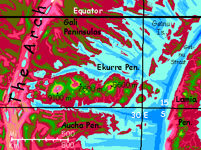 Location map of the Ekurre Range, a volcano-chain paralleling the equator in the western Arch, on Capsica, a small world hotter and drier than Earth.