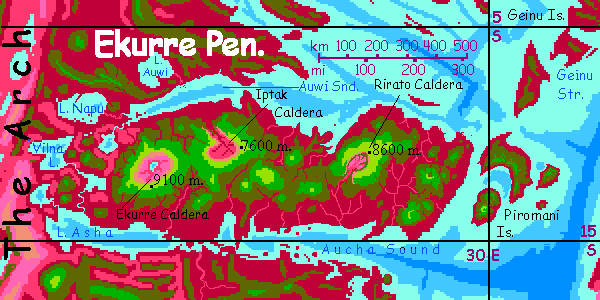 Map of the Ekurre Range, a volcano-chain paralleling the equator in the western Arch, on Capsica, a small world hotter and drier than Earth.