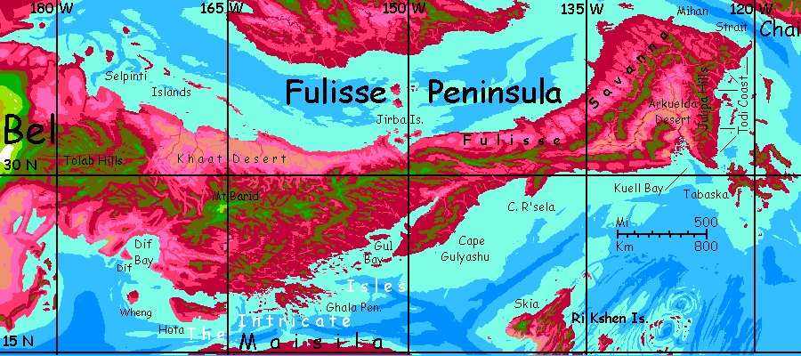 Map of the Fulisse Peninsula on Capsica, a small world hotter and drier than Earth.